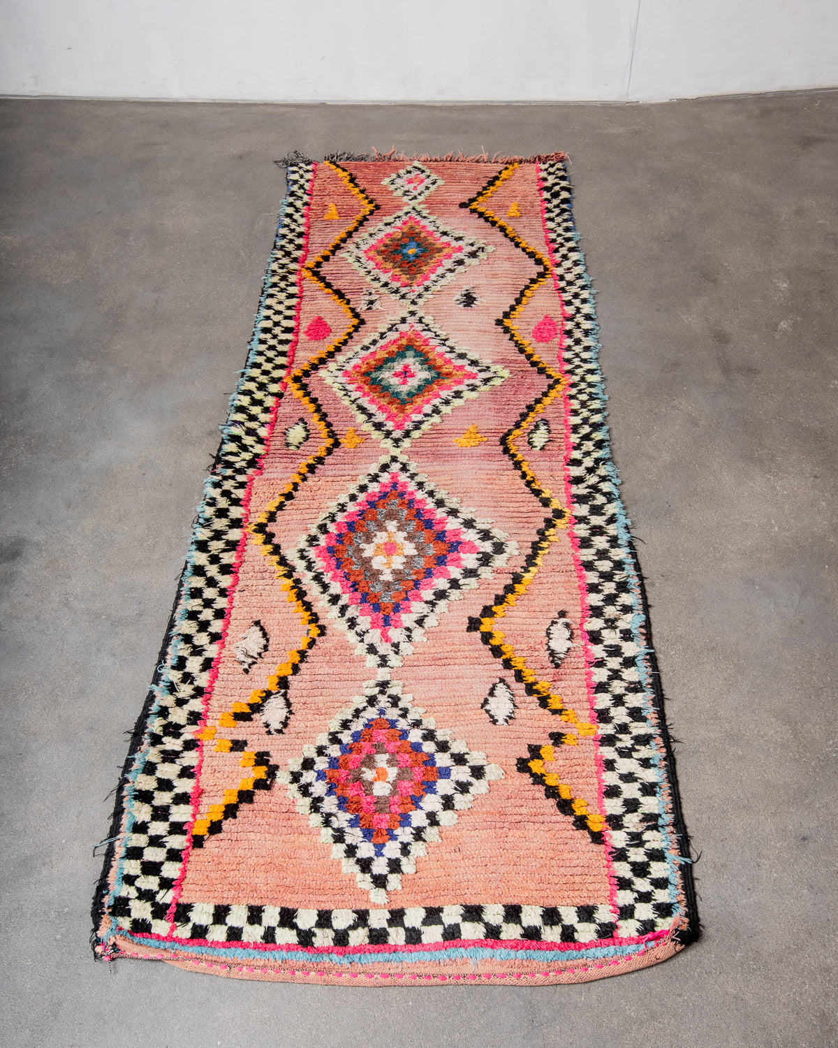 Modern, designer, handcrafted Berber runner rug from Morocco. Vintage carpet with beautiful colours and patterns and fluffy texture.